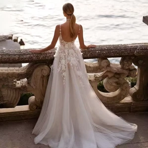 Boho rückenfreies Spaghettiträger Brautkleid A-Linie Spitze Applikationen Hof Schleppe - Bild 1 von 10