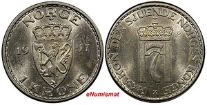 Noruega Haakon VII 1957 1 Corona aUNC Estado Última Fecha Tipo Tonificación KM# 397.2(8) - Imagen 1 de 3