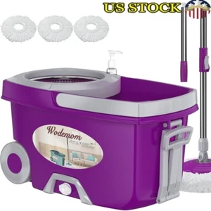Dual Compartment Spin Mop Bucket Set 360° Rotating Wringer W/ Microfiber Heads - Picture 1 of 9