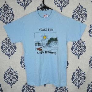 T-shirt vintage anni 90 Hanes punto singolo nuovi inizi stampa sole uomo M blu - Foto 1 di 7