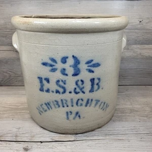 Primitive E.S.&B 3-Gal Beige Salt Glazed Stoneware Crock Blue Cobalt Stencil - Picture 1 of 13