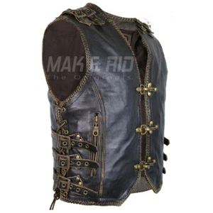 Men Vintage Motorcycle Leather Waistcoat Distressed Biker Leather Buckled Vest - Picture 1 of 7