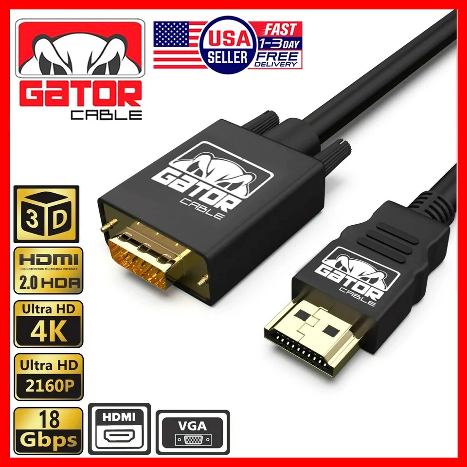 HDMI to VGA Cable Converter Adapter For HDTV PC Desktop Monitor Video 1080P 6FT - Image 1 of 4