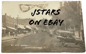1917 BROOKLYN, IA, STREET SCENE REXALL DRUGSTORE BICYCLE MODEL T POSTCARD RPPC - Picture 1 of 8