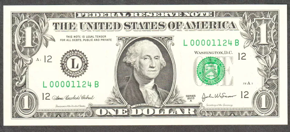 2009 $1 Small Size $1 Federal Reserve Notes 1934-L Not certified - Image 1 of 1