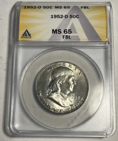 1952-D FRANKLIN SILVER HALF DOLLAR GRADED ANACS MS65 FBL FULL BELL LINES Cover