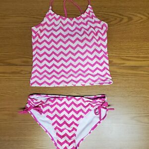 GAP KIDS Girls Swim Suit 2 Piece Chevron Design Pink & White Size XL