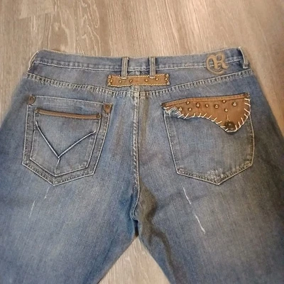 Request Jeans Mens 42x34  Blue  Baggy Boot Grunge Distressed Leather Studded  - Image 1 of 4