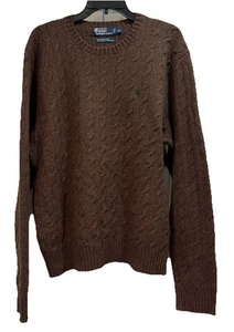 Polo Ralph Lauren Sweater Men XL Brown Merino Wool Angora Rabbit Hair Cable Knit - Picture 1 of 11