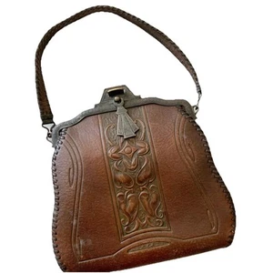 Vintage Hand Tooled Leather Metal Purse Early 1900s Art Nouveau Antique - Picture 1 of 8