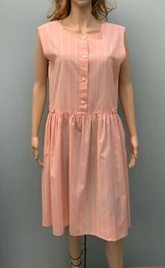 Vintage 80s sleeveless drop waisted dress peach white stripe size 12 14 - Picture 1 of 9