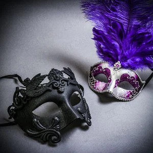 Black Roman Warrior & Silver MardiGras Eye Mask Top Purple Feather Couple Masks - Picture 1 of 1