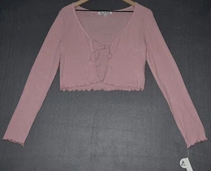 Maglione cardigan Wallflower crop top manica lunga rosa a costine M cravatta davanti nuovo con etichette - Foto 1 di 10