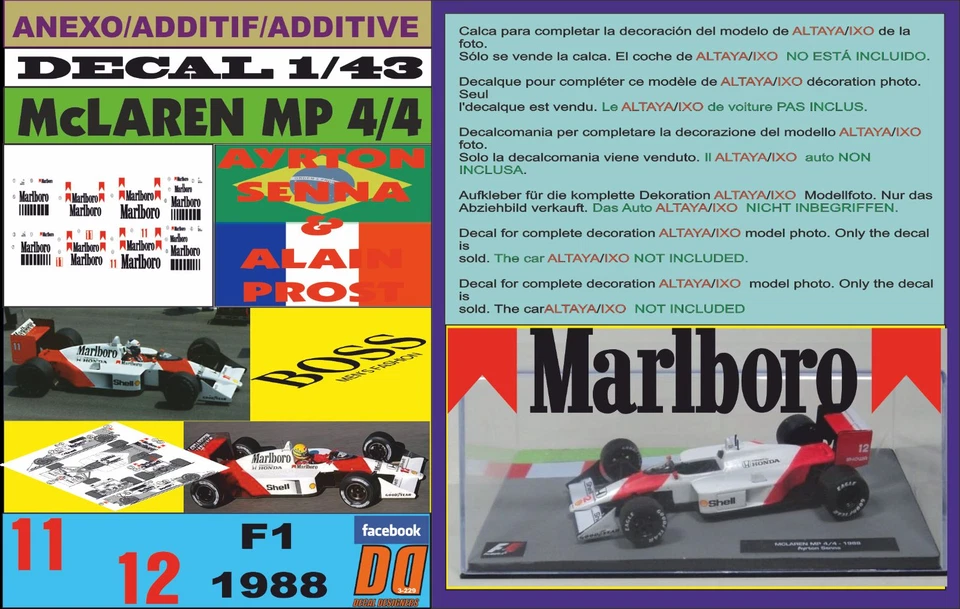 ANEXO DECAL 1/43 MCLAREN MP 4/4 1988 AYRTON SENNA & ALAIN PROST (08) - Image 1 of 1