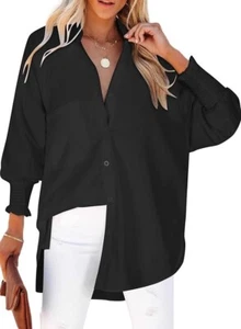 Women's M-2XL Solid Black Oversized Button-Down Blouse with Pocket and Cuffed Sl - Picture 1 of 3