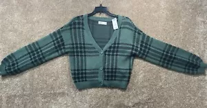 Cardigan maglione donna Hollister nuovo con etichette piccolo verde maglia a quadri cropped con bottoni - Foto 1 di 8