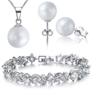 SCHMUCKSET 925 STERLING SILBER HALSKETTE PERLE ANHÄNGER OHRRINGE ARMBAND KETTE - Bild 1 von 6