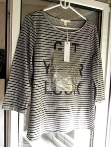 ESPRIT SHIRT GRAU MELIERT SCHWARZ LEINEN GESTREIFT TYPO METALLIC PRINT L, 40 NEU - Bild 1 von 10