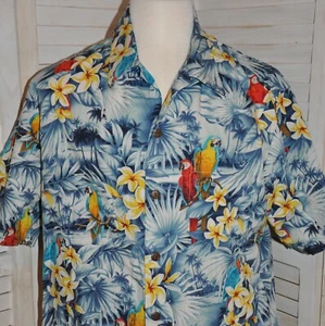 VTG Howie Hawaii Aloha Camp Shirt Parrots Hibiscus Blue & White Button SZ Large - Picture 1 of 10