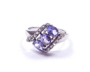 Anillo de tanzanita tres piedras plata de ley 925 detalles circonita cúbica 2,7 g - Imagen 1 de 9