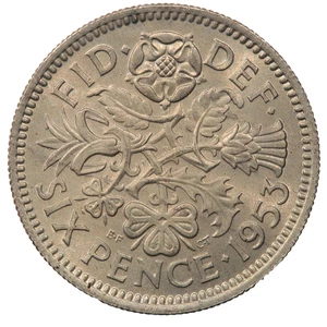 1953 QUEEN ELIZABETH II SIXPENCE 6 PENCE COIN UNC - Picture 1 of 2