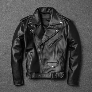 Real Leather Jacket Men's Short Lapel Retro Cowhide Motorcycle Coat Fashion Tops - Picture 1 of 22