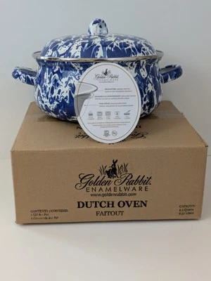 Golden Ranbit Blue & White 2.5 Quart "Cobalt Swirl" Enamelware Dutch Oven NIB - Image 1 of 4
