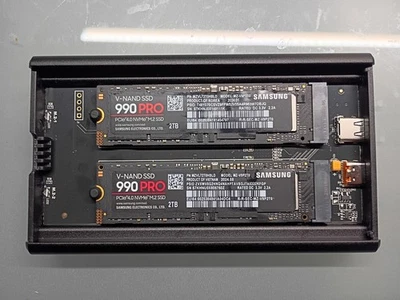 2x Samsung 990 Pro NVMe SSD 2TB (4TB total) + 20gbps USB-C Gen2x2 Dual Enclosure - Image 1 of 4