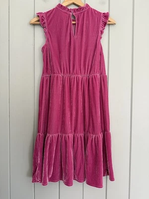 Crewcuts J. Crew Dres 12 Pink Velvet Tiered Ruffle Sleeveless Stretch BL356 - Image 1 of 4