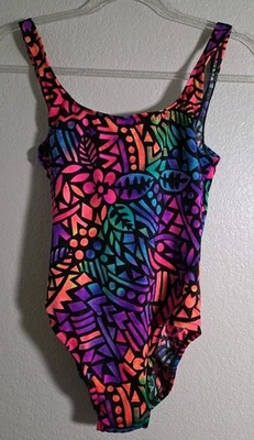 JANTZEN Sz 10 Bright Neon Floral Geometric Colorful One Piece Swimsuit  - Image 1 of 4