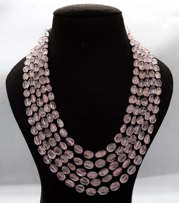 Collar de cuentas de cuarzo rosa natural de 5 capas con espaciadores ovalados y amatista tallados Foto 1 de 4
