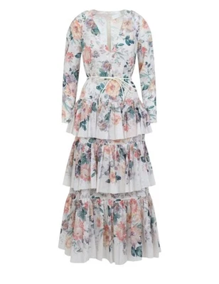 Vestido maxi Zimmermann acácia em camadas | Branco floral, decote em V, cinto, algodão - Imagem 1 de 4
