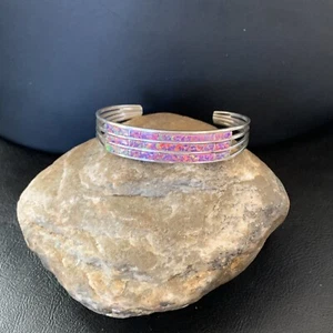 Bracciale 3 file argento sterling indiano Zuni intarsiato opale viola 1642 - Foto 1 di 12