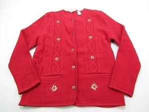 Alfred Dunner Wool Cardigan Womens Medium Red Floral Sweater Pockets Grandma - Picture 1 of 12