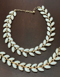Vintage Crown Trifari Gold Tone White Milk Glass Leaf Bracelet & Choker Necklace