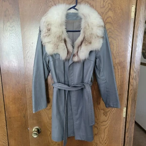 Vintage Leather & Fox Fur Collared Jacket Sz. 16 Grey - Picture 1 of 4
