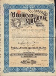 Automobiles MINERVA MOTORS ANTWERP BELGIUM 1920 + dividend coupons - Foto 1 di 1