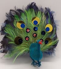 Vtg Peacock Feather Flocked Christmas Ornament Wire Blue Green Sequin Hong Kong 