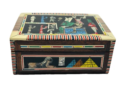 Vintage Inlaid Mother Of Pearl Egyptian Jewelry/Trinket Box Wood Velvet Lining - Image 1 of 4