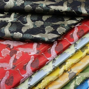 Faux Silk Satin Fabric Craft Brocade Damask Chinese Embroidery Crane 75cm Wide - Picture 1 of 20