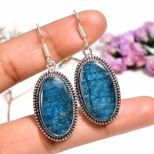 Neon Blue Apatite Vintage Handmade 925 Silver Plated Earrings 1.9" JK-6667 - Picture 1 of 6