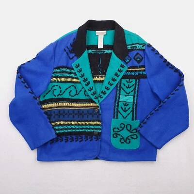 Coldwater Creek Jacket Womens Large Blue Green Crochet Floral Tribal Blazer - Image 1 of 4