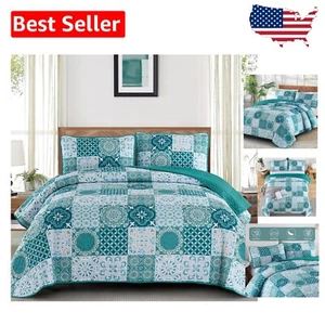 Lujoso juego de edredón de retazos verde azulado tamaño king - conjunto de ropa de cama boho de 3 piezas - Imagen 1 de 10