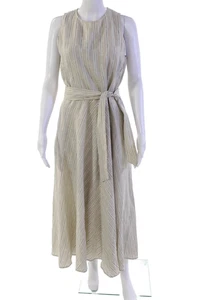 Max Mara Womens Linen Striped Sleeveless Maxi Tie Waist Dress Beige Size 10 - Foto 1 di 7