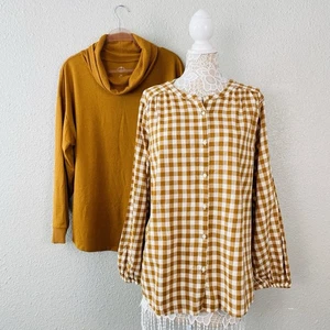 Womens Mustard Sweater Fall Lot Set Plus Size 2XL Cabincore Plaid Rustic Peasant - Picture 1 of 22