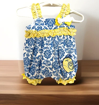 Vtg Nursery Rhyme Infant Girl's 3 Mo Romper Blue/Yellow/White Paisley Ruffled - Image 1 of 4