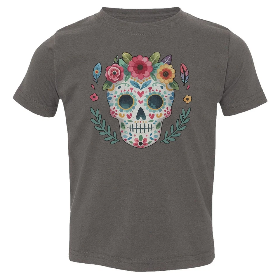 Camiseta Floral Calavera de Azúcar - Día de los Muertos Colorida Niño Pequeño Foto 1 de 1