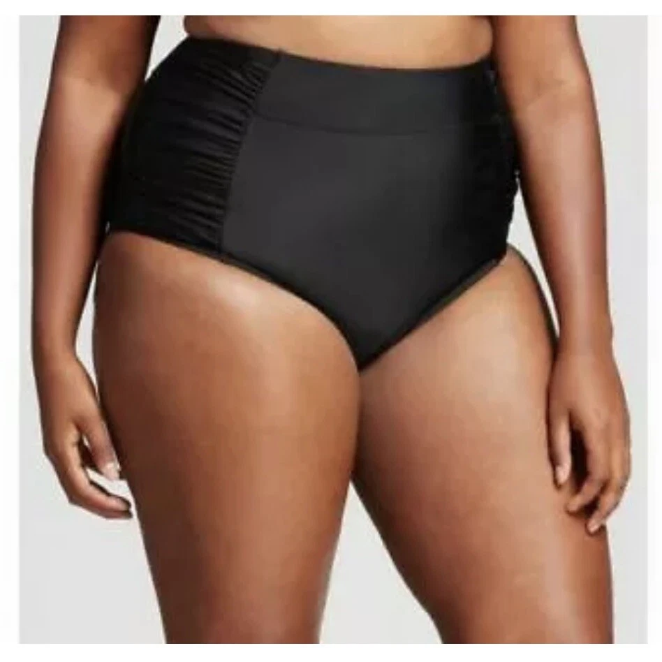 Ava & Viv 20W/22W 女式大码 2XL 黑色高腰皱褶比基尼下装 — 第 1/4 张图片