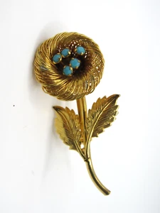 Vintage 2" Flower on Stem-faux turquoise Gold Tone Brooch Pin - Picture 1 of 2