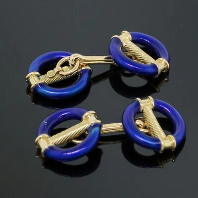 Gemelos circulares de cable esmaltado azul vintage de diseñador KJ Italia oro amarillo de 18 quilates Foto 1 de 4